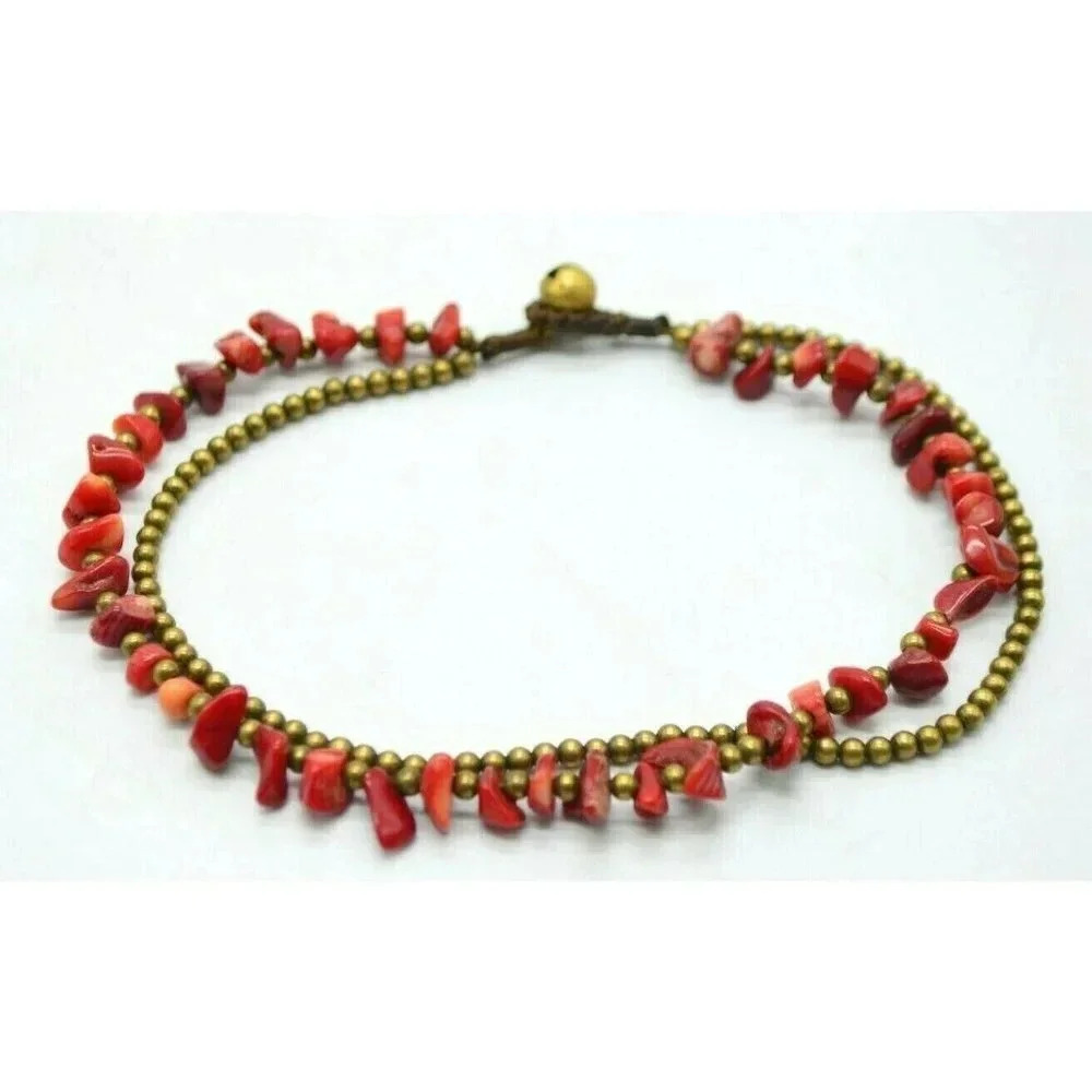 Child's Red Coral Brass Bead Beaded Choker Necklac
